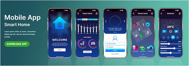 a sleek smart home application interface template featuring modern icons and a gradient design includes navigation menus for managing devices monitoring security controlling temperature