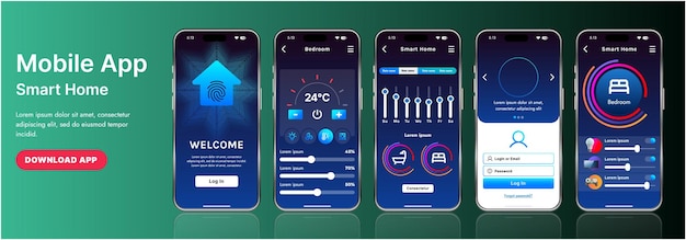 a sleek smart home application interface template featuring modern icons and a gradient design includes navigation menus for managing devices monitoring security controlling temperature