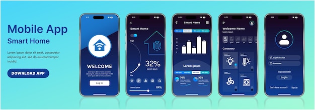 a sleek smart home application interface template featuring modern icons and a gradient design includes navigation menus for managing devices monitoring security controlling temperature