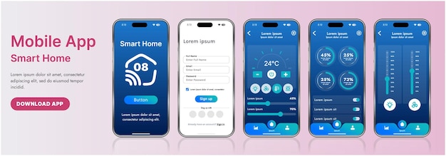 a sleek smart home application interface template featuring modern icons and a gradient design includes navigation menus for managing devices monitoring security controlling temperature
