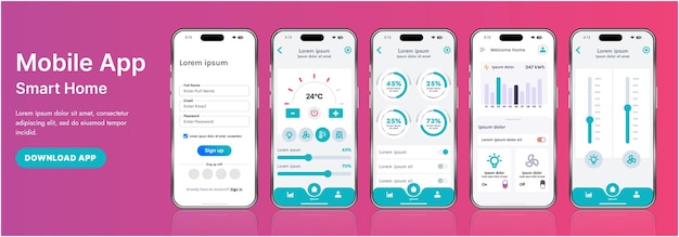 a sleek smart home application interface template featuring modern icons and a gradient design includes navigation menus for managing devices monitoring security controlling temperature