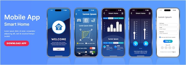 a sleek smart home application interface template featuring modern icons and a gradient design includes navigation menus for managing devices monitoring security controlling temperature