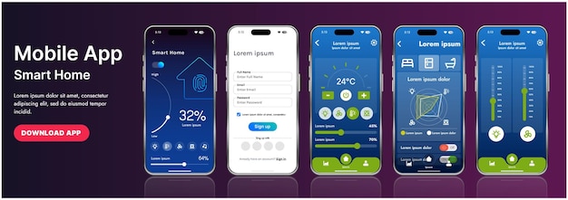 a sleek smart home application interface template featuring modern icons and a gradient design includes navigation menus for managing devices monitoring security controlling temperature