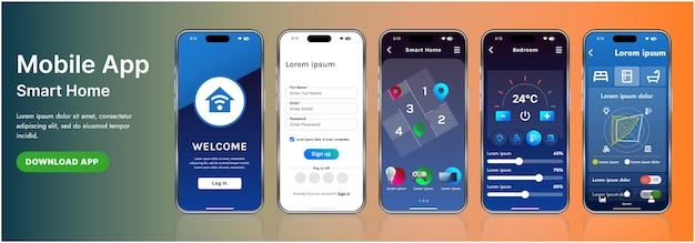 a sleek smart home application interface template featuring modern icons and a gradient design includes navigation menus for managing devices monitoring security controlling temperature