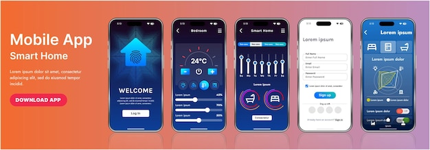 a sleek smart home application interface template featuring modern icons and a gradient design includes navigation menus for managing devices monitoring security controlling temperature