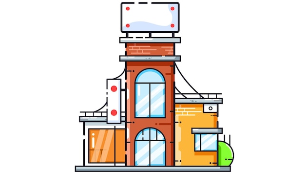 A small industrial building featuring a prominent billboard attached to its exterior