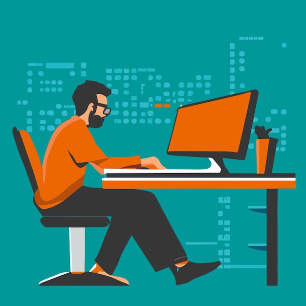 a software engineer deeply engrossed in thought sitting behind a meticulously organized desk