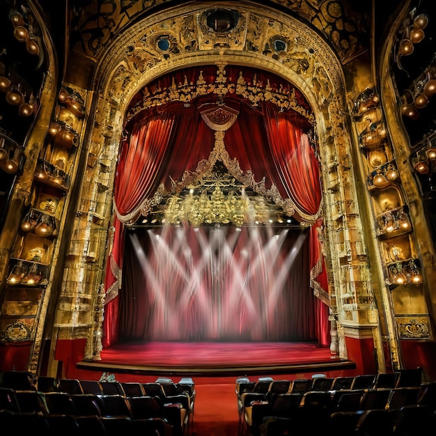 a stage with a red curtain that saysthe word on it
