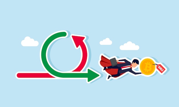A super businessman flying through positive and negative charts carrying a bitcoin marked with sale