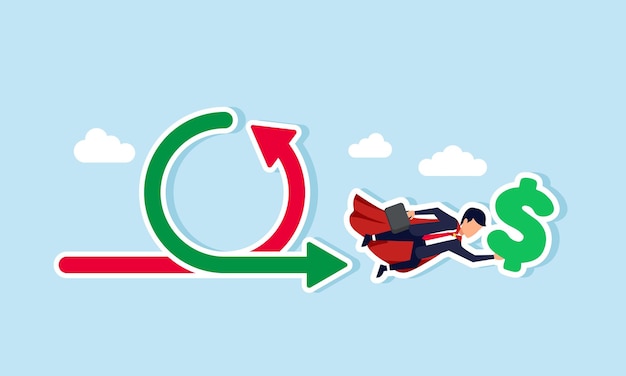A super businessman flying through positive and negative charts while carrying a dollar sign