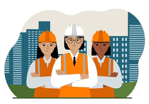 a team of constructors against the backdrop of the city and tall apartment buildings. engineers and builders. vector flat illustration