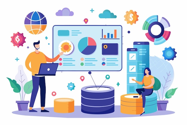A team studies data visualizations and analytics on a digital display while surrounded by graphics Analyze database with flat illustrations