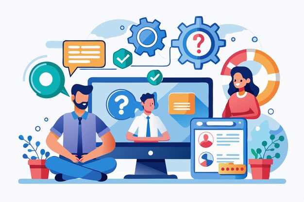 a technical support professional answers questions while users engage with digital tools and graphics technical support and answers to questions