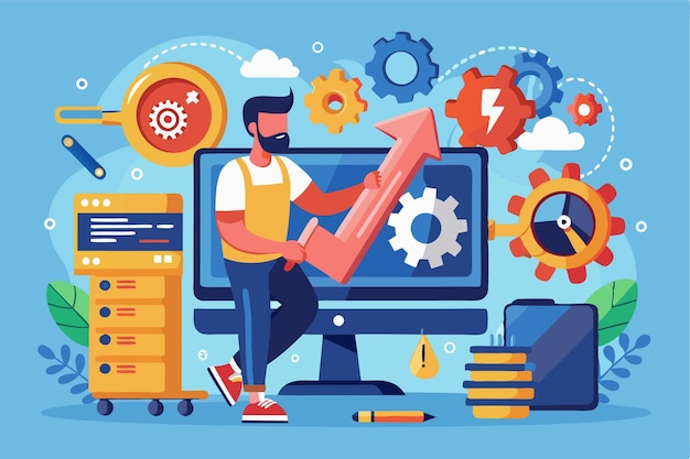 a technician actively fixes computer errors using tools and gear in a bright colorful digital workspace it service repairs computer errors flat illustration