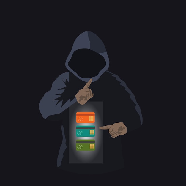 a thief in a black hoodie is pointing his finger at a credit card. with black background