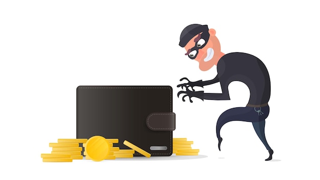A thief steals a credit card wallet. A criminal steals a man wallet. The concept of fraud, fraud and fraud with money. Isolated. Vector.