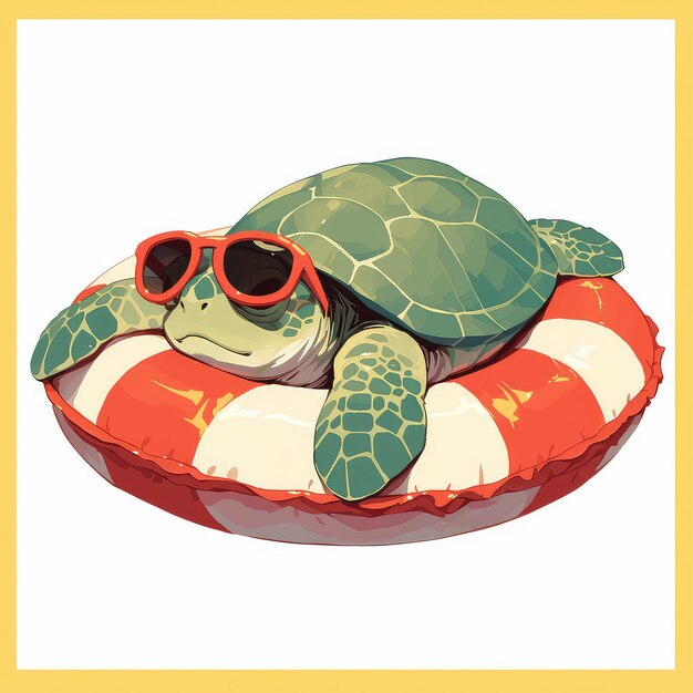 A turtle on a floating object cartoon style