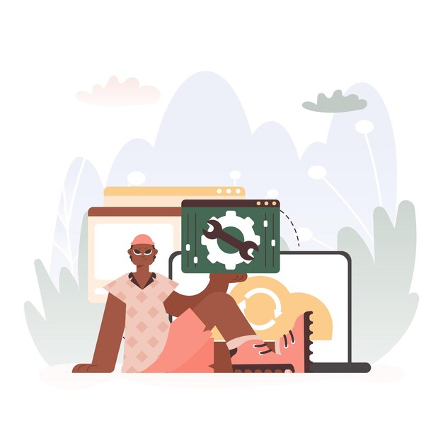 A Vector Chart of a man Holding a Browser Window with Gears and Torque Idealize for Tech and Advance Concepts