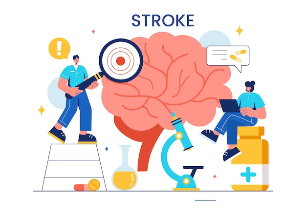 A Vector Illustration of Human Brain Stroke Highlighting Medical Details Hemorrhage and Pain Points for Health Checks in a Flat Cartoon Background