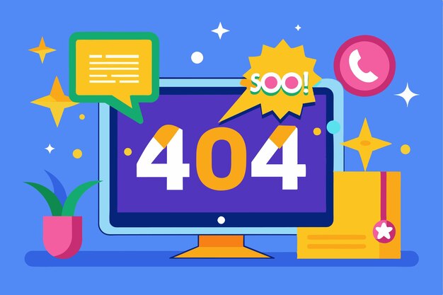 A vibrant computer screen shows a 404 connection error with decorative chat bubbles and icons illustrating a playful techthemed design