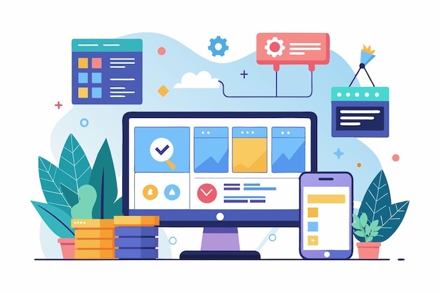 A vibrant design showcases customizable UI UX concepts on a computer screen and smartphone with visual elements Uiux design Customizable Semi Flat Illustration