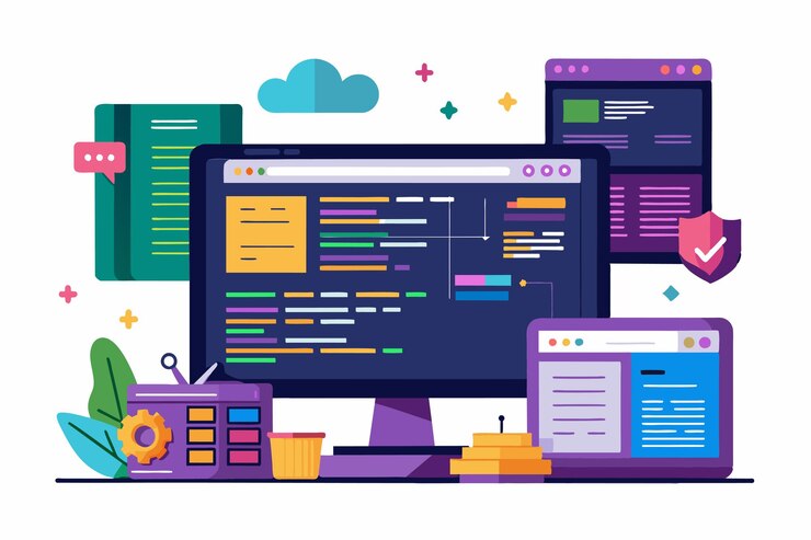 Vector a vibrant setup showcasing customizable code snippets various programming tools and resources designed for developers in a creative workspace