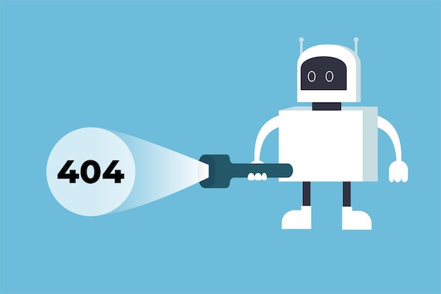 A white robot searching for a 404 error with a torch light 404 page not found error concept with a robot flat design vector System finding 404 error with a big torch light on a blue background