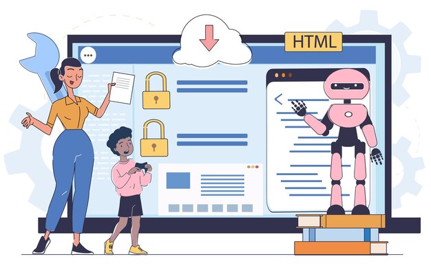 A woman and a child learning coding with a friendly robot and large html interface on screen in a