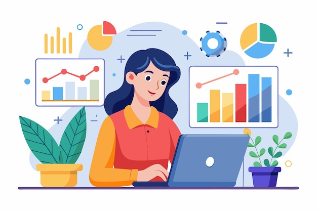 A woman focuses on her laptop studying digital data charts and graphs in a bright office space Woman worker analyzing digital data and charts in a flat illustration