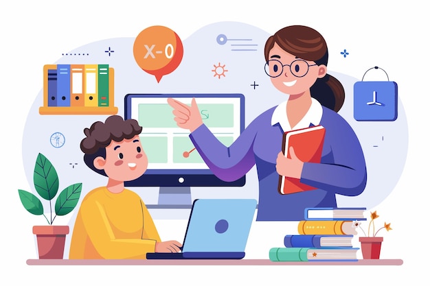 A woman instructs a child on using a computer guiding them through the process learn online with a math teacher via video call Simple and minimalist flat Vector Illustration