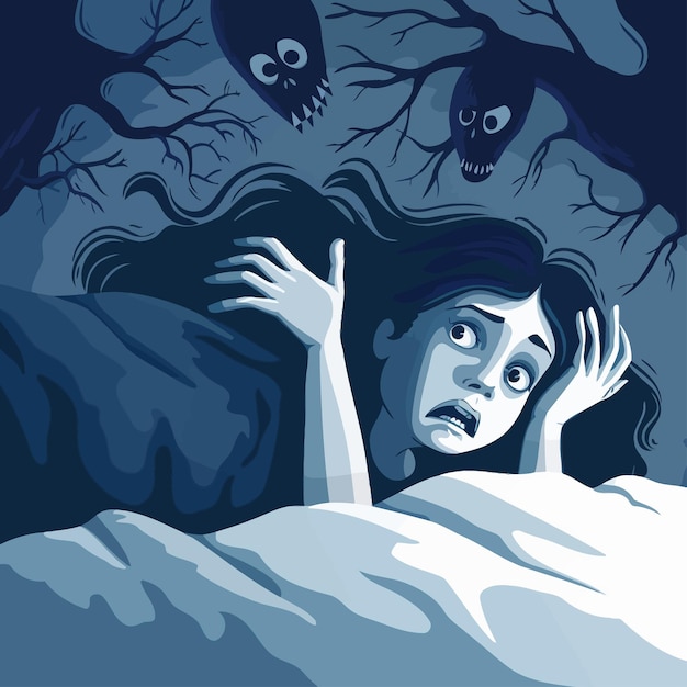 a woman is laying in a bed with two creepy monsters in the background