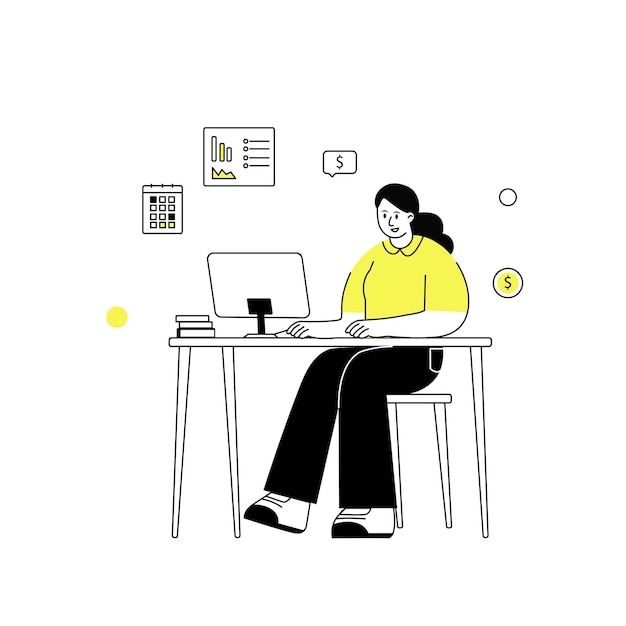 A woman is managing finance data hand drawn flat vector illustration