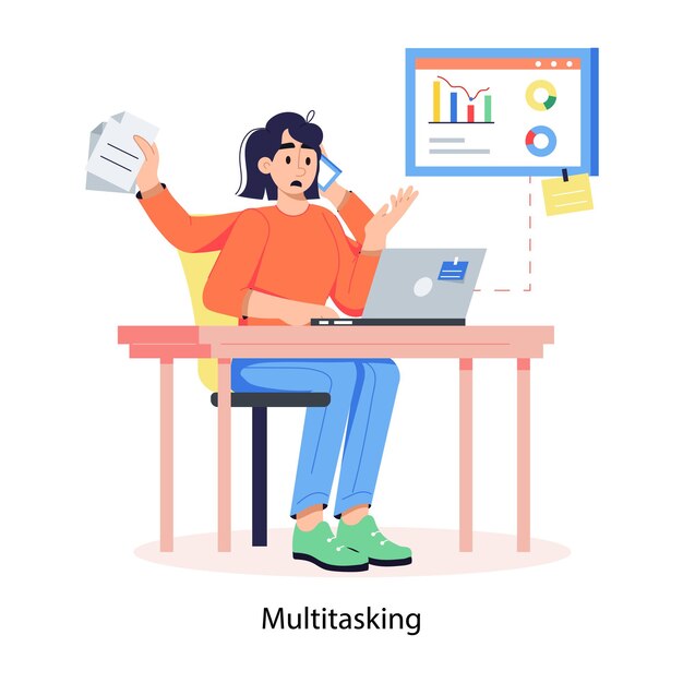 a woman sits at a desk with a laptop and a chart that says  multiply