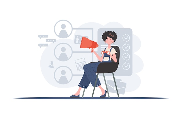 A woman sits on a chair with binoculars Human resource Element for presentation Vector illustration