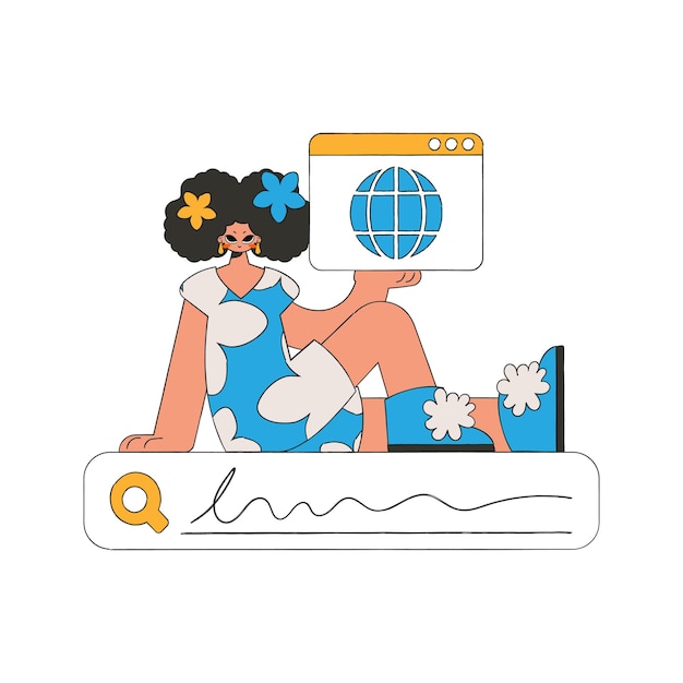 a woman sits on the search bar and holds a browser window in her hands search for information retro style character