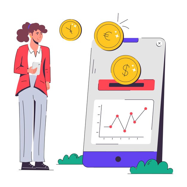 a woman stands next to a phone with a graph showing a chart of gold and silver coins.