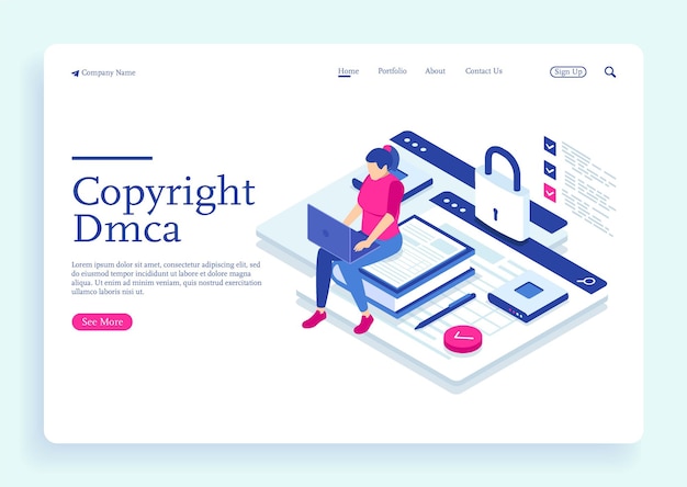 a woman with DMCA data copyright content security book with lock electronic digital contract