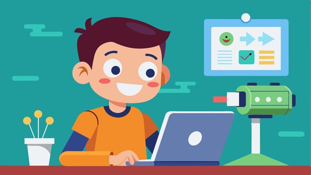 A young boy laughing as he experiments with different coding functions learning to program his own