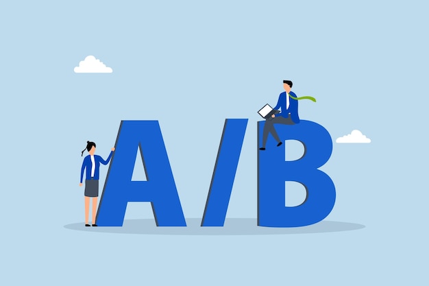 AB testing Entrepreneur coder and users positioned on letters A and B for evaluation