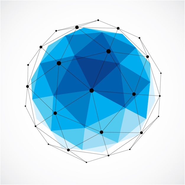 Abstract 3d faceted figure with connected black lines and dots. Blue vector low poly design element, cybernetic orb shape with grid and lines mesh.