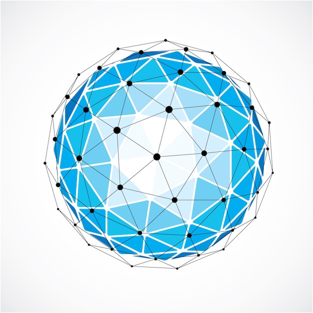 abstract 3d faceted figure with connected black lines and dots. blue vector low poly design element, cybernetic orb shape with grid and lines mesh.
