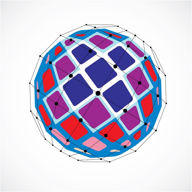 abstract 3d faceted figure with connected black lines and dots. vector low poly colorful design element created with squares. cybernetic orb shape with grid and lines mesh.