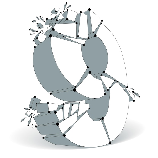 Abstract 3d faceted monochrome number 9 with connected black lines and dots. Vector low poly shattered design element with fragments and particles. Explosion effect, thread object.