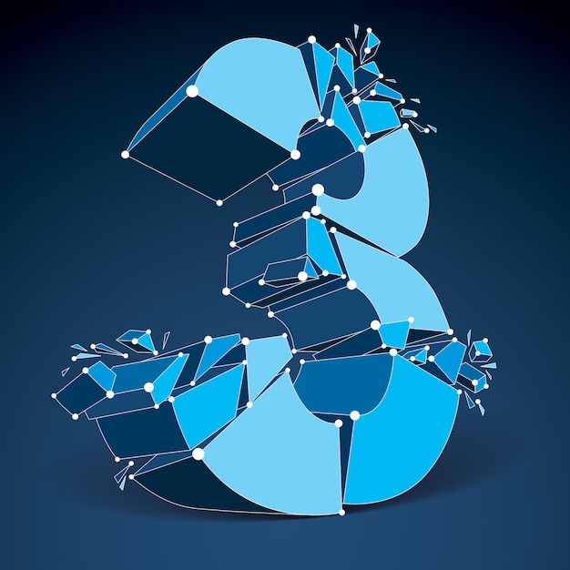 Abstract 3d faceted number 3 with connected lines and dots. Vector low poly shattered design element with fragments and particles. Explosion effect, thread.