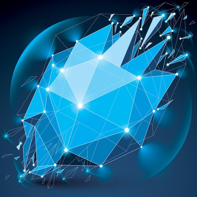 Abstract 3d faceted radiance blue figure with connected black lines and dots. Vector low poly shattered design element with fragments and particles. Explosion effect, lens circles.