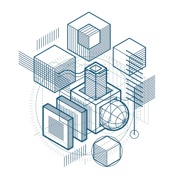 abstract 3d shapes composition, vector isometric background. composition of cubes, hexagons, squares, rectangles and different abstract elements.