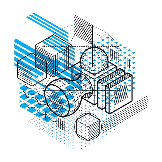 abstract 3d shapes composition, vector isometric background. composition of cubes, hexagons, squares, rectangles and different abstract elements.