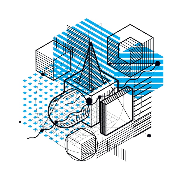 Abstract 3d shapes composition, vector isometric background. Composition of cubes, hexagons, squares, rectangles and different abstract elements.