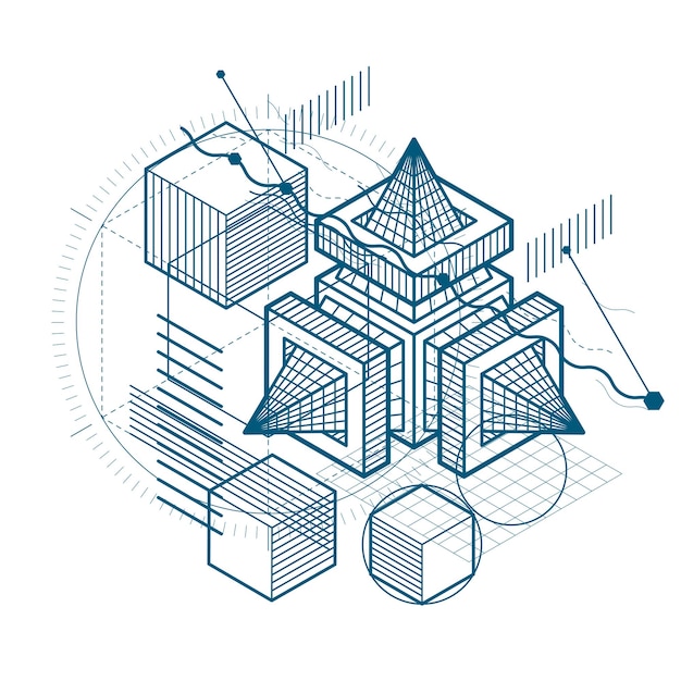 abstract 3d shapes composition, vector isometric background. composition of cubes, hexagons, squares, rectangles and different abstract elements.
