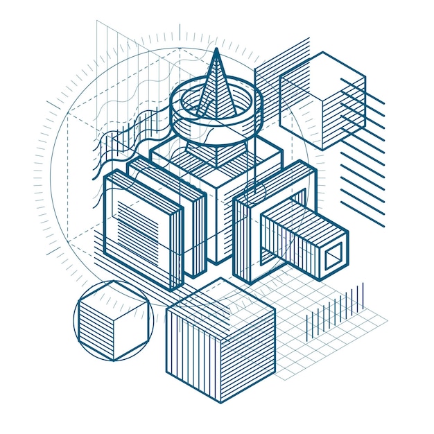 Abstract 3d shapes composition, vector isometric background. Composition of cubes, hexagons, squares, rectangles and different abstract elements.